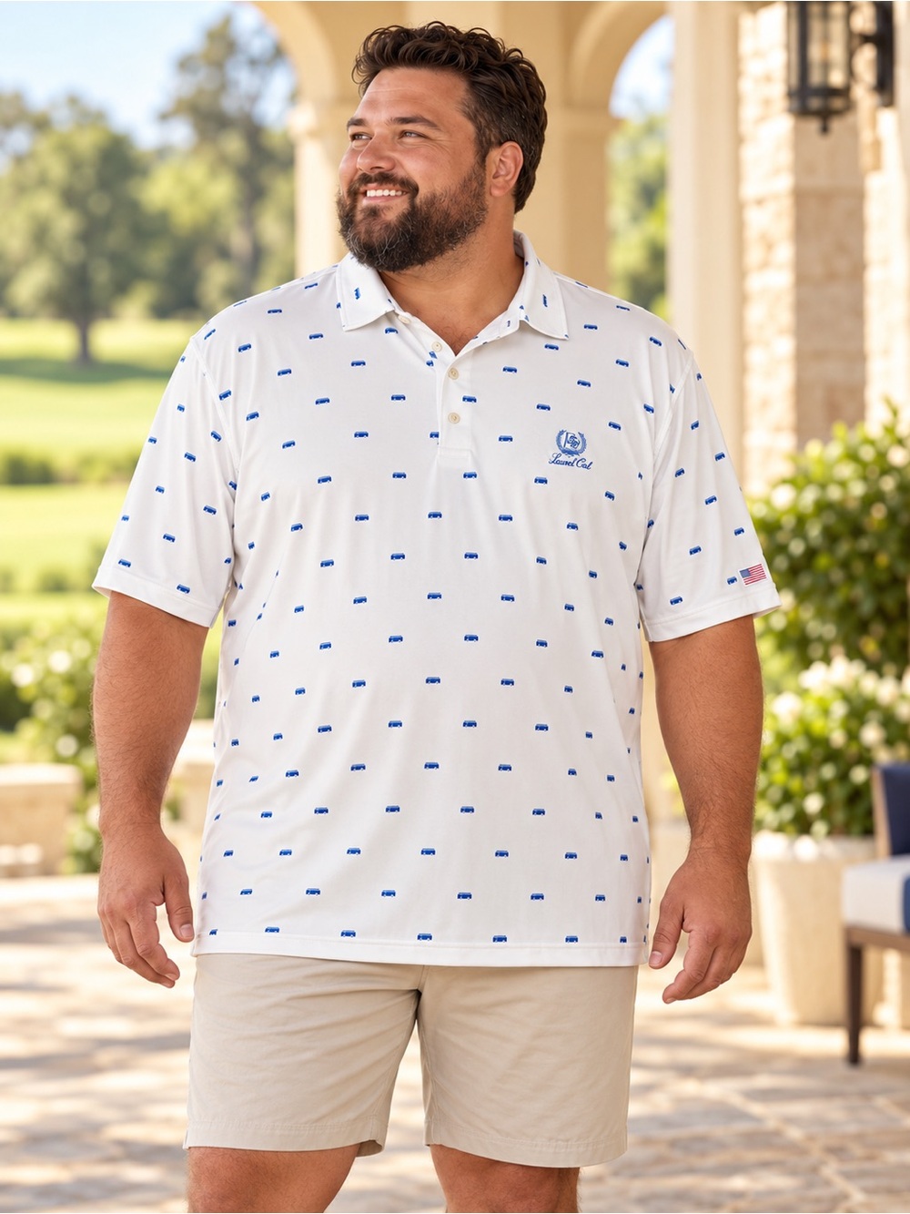 Fairway & Greene Men’s XXL Novelty Print Golf Polo White Blue Made in USA #217